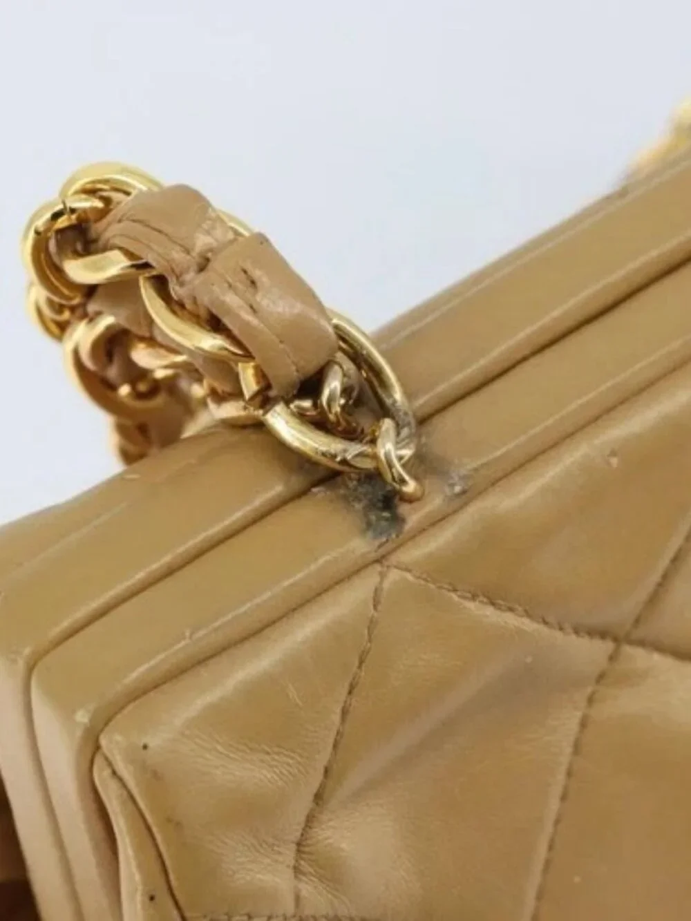CHANEL Matelasse Chain Shoulder Bag Lamb Skin Beige Gold CC Auth 171543